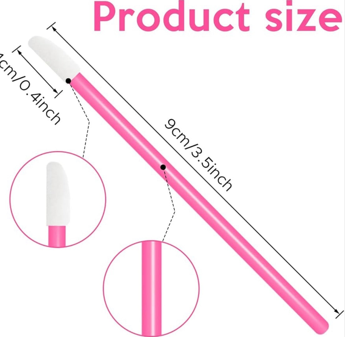 Pink cosmetic applicator wand with white tip, shown on a white background with 'Product size' text and dimension callouts indicating 9 cm length and 1 cm/0.4 inch tip width.