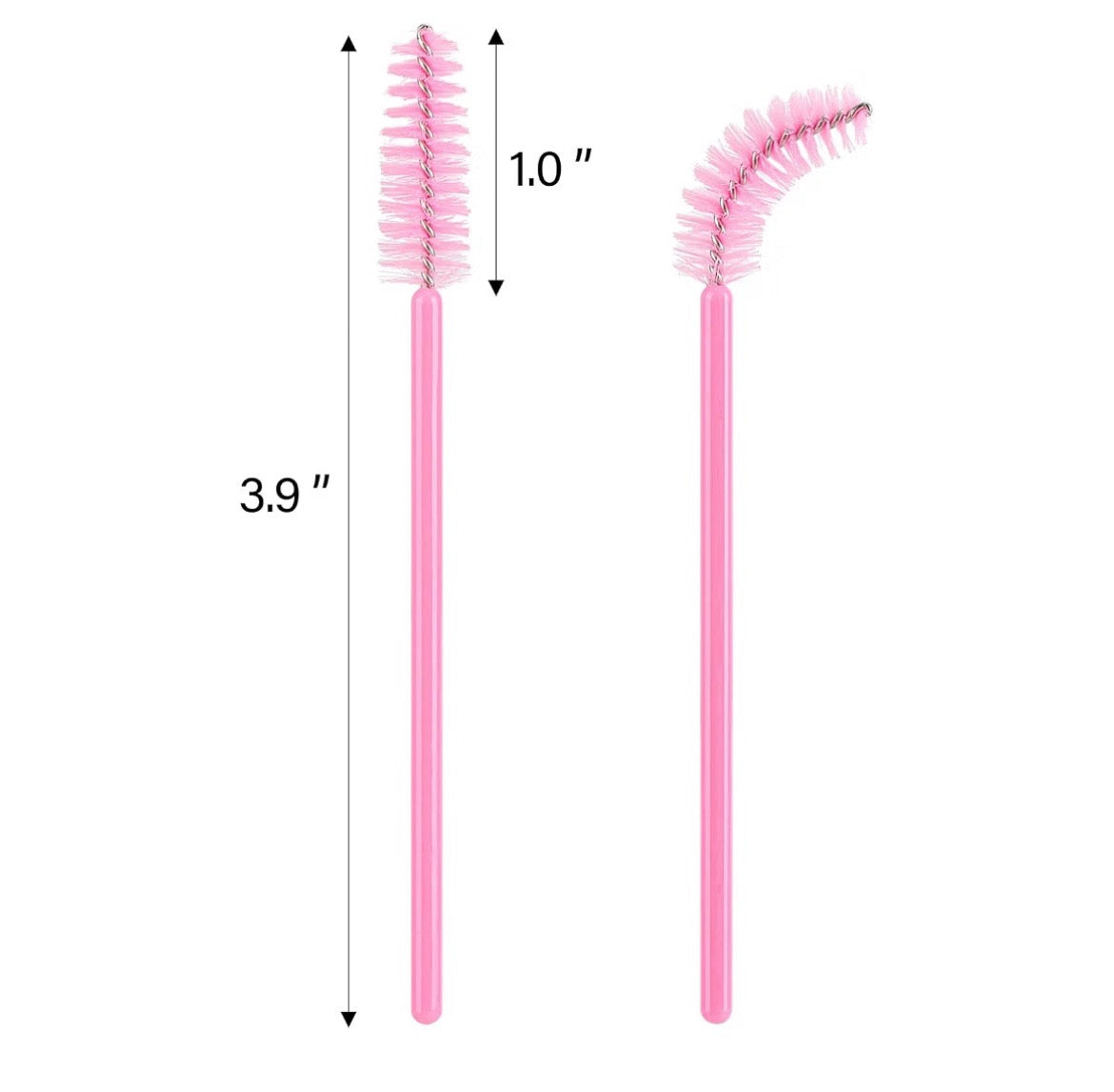 Two pink cosmetic brush handles shown on a white background with dimension arrows and labels indicating 3.9 inches total length and 1.