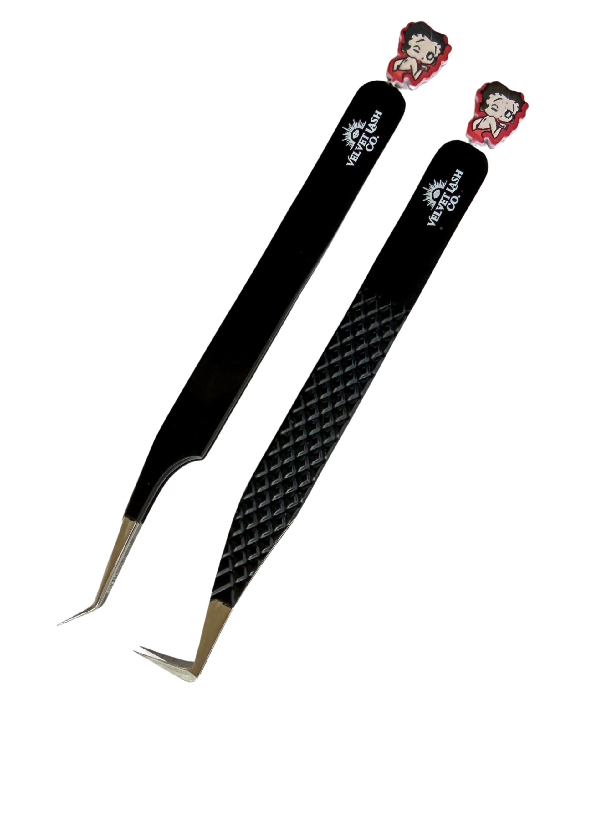 Pair of black tweezers with betty boop ends on a white background. For Lash artist 