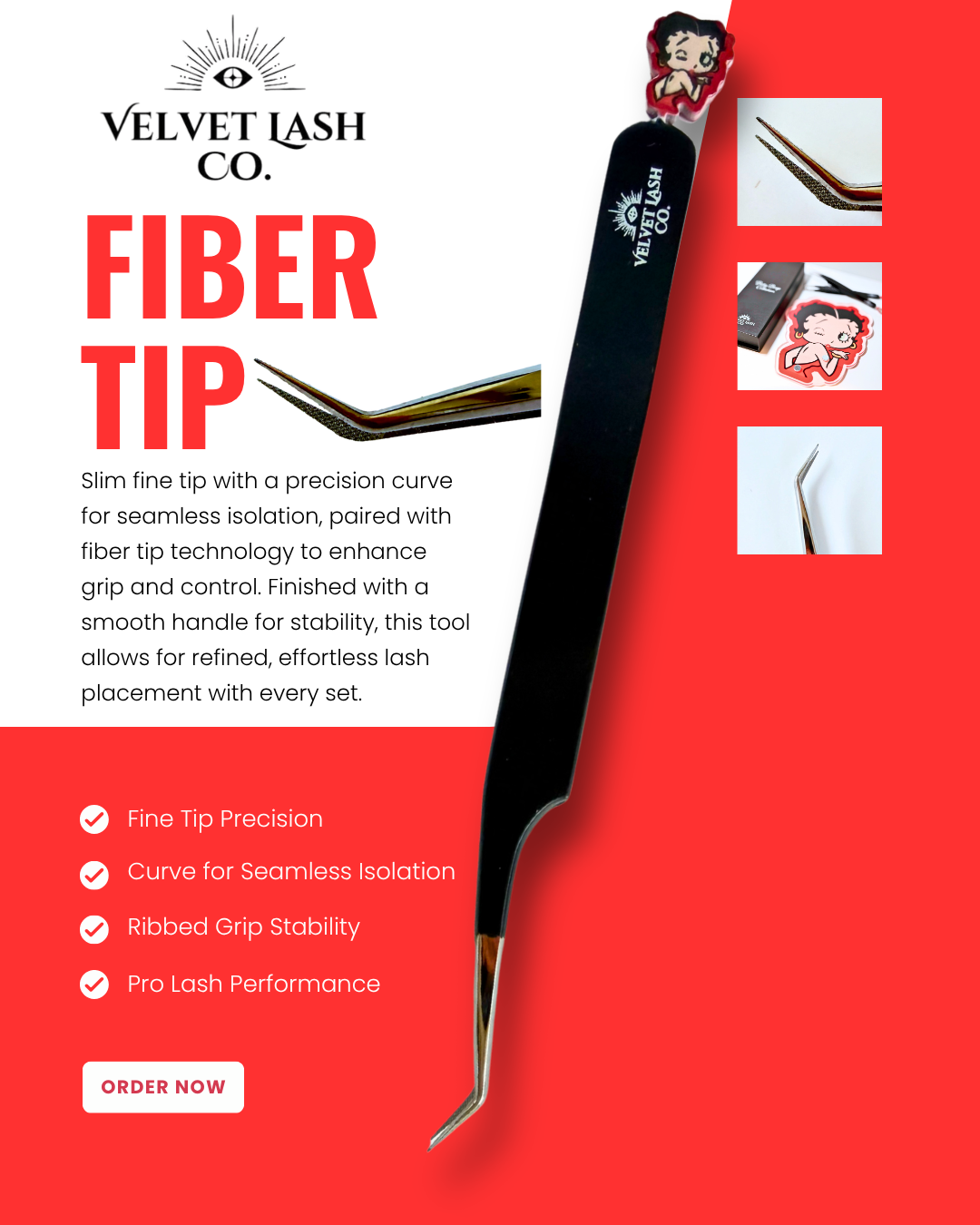 Velvet Lash Co. fiber tip tweezers on a red background with product details.