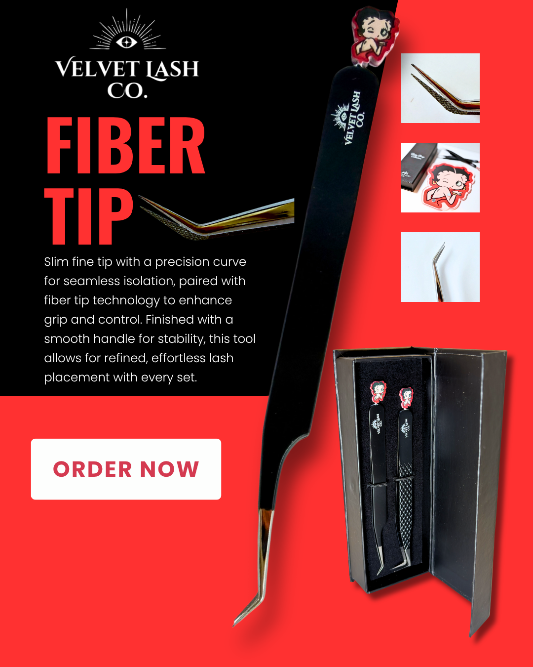 Betty Boop Fiber Tip Lash Tweezers Set | Slim Precision + Volume L Shape Tweezers for Isolation, Fan Creation & Placement | Velvet Lash Co.