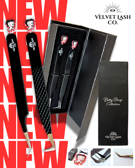 Betty Boop Fiber Tip Lash Tweezers Set | Slim Precision + Volume L Shape Tweezers for Isolation, Fan Creation & Placement | Velvet Lash Co.