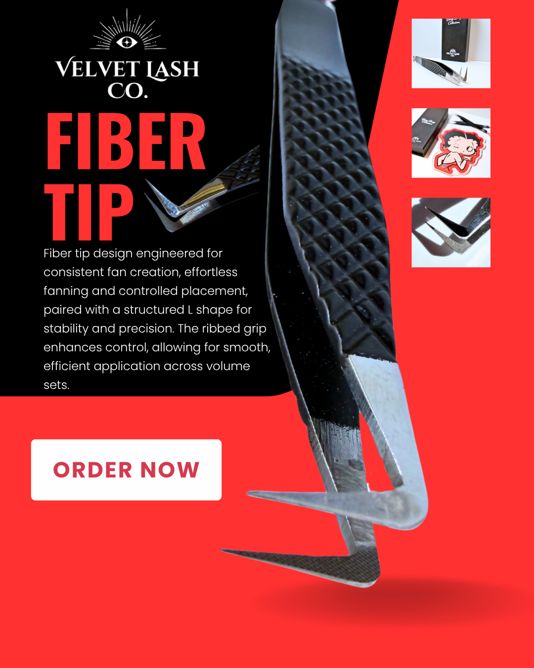 Promotional image of a fiber tip tool with text about its features and an 'Order Now' button, branded by Velvet Lash Co.